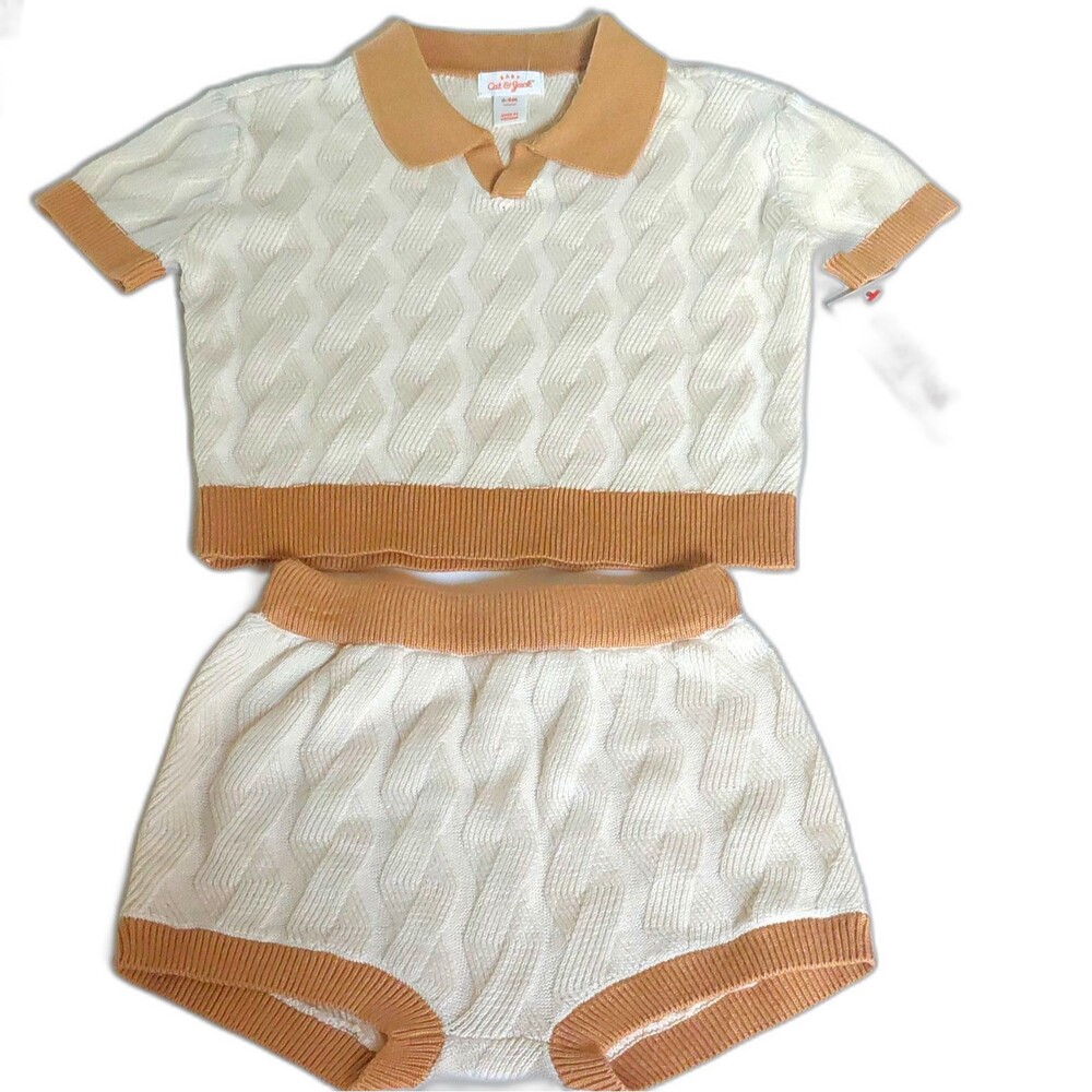 Cat & Jack 6-9M 2pc Knit Textured Collared Top & Shorts Set Ivory/Beige